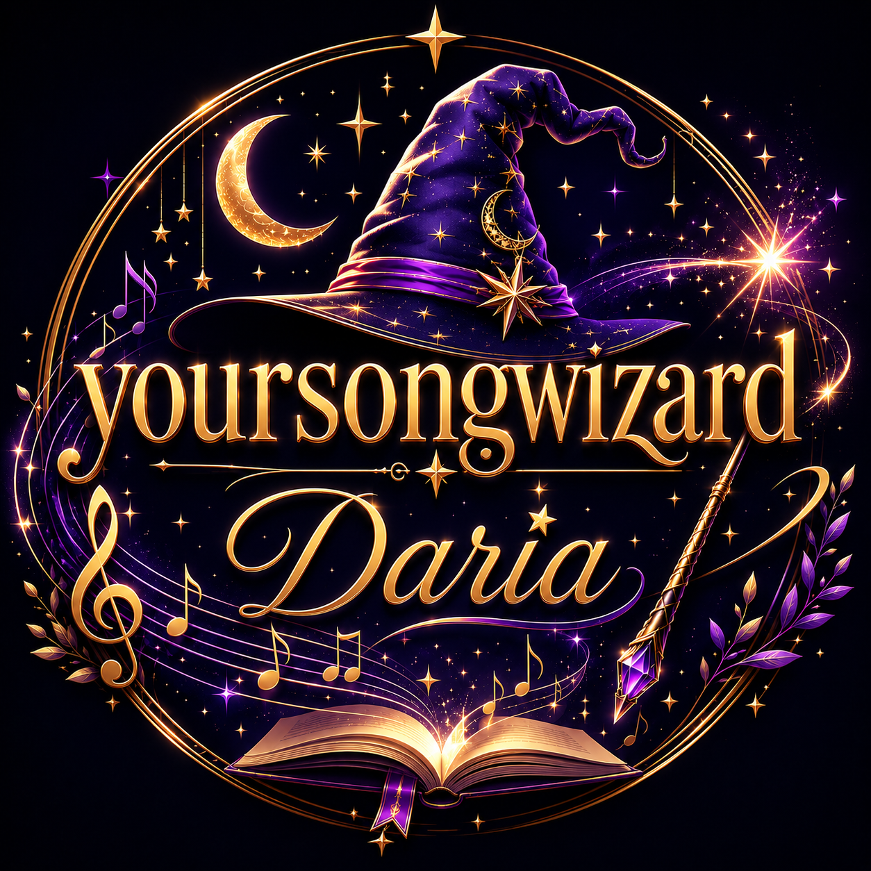 Daria — Your Song Wizard emblem with a wizard hat, moon and open music book